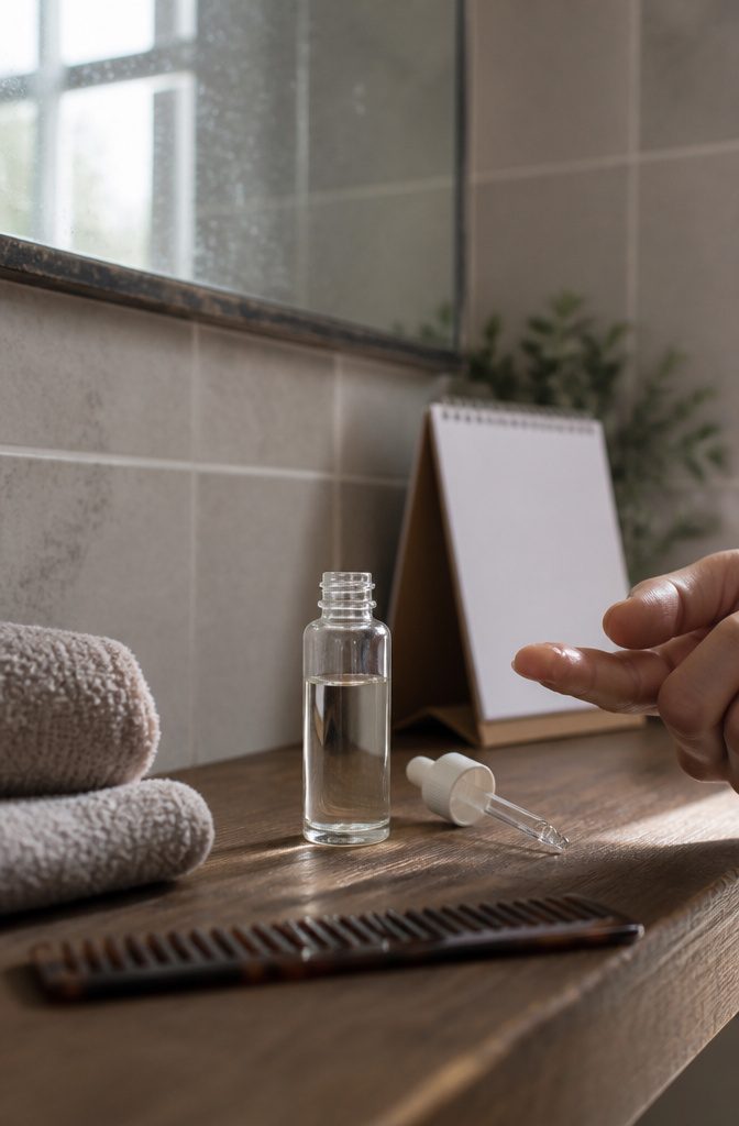 Hair growth serum bottle beside a hair care routine