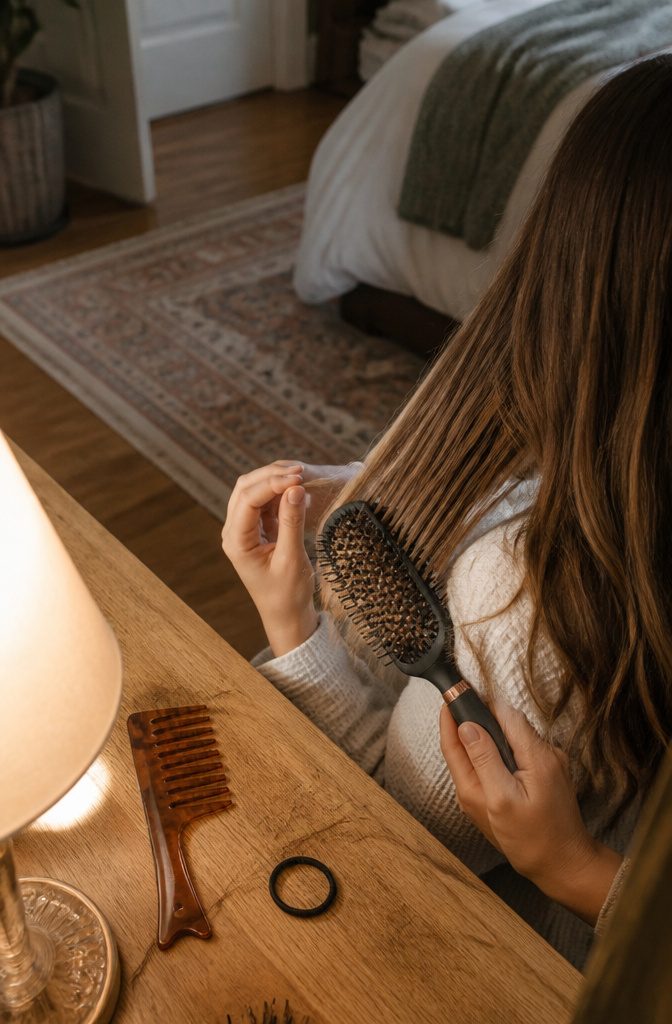 Rounded plastic brush detangling dry hair over a shoulder