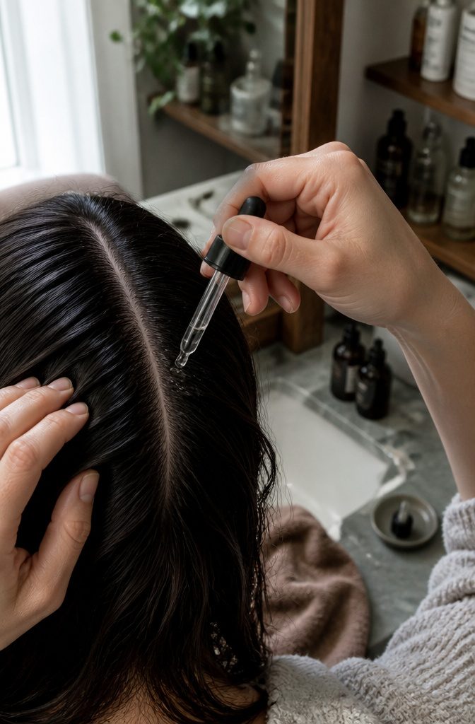 Damp dark hair parted to expose the scalp as clear serum is applied