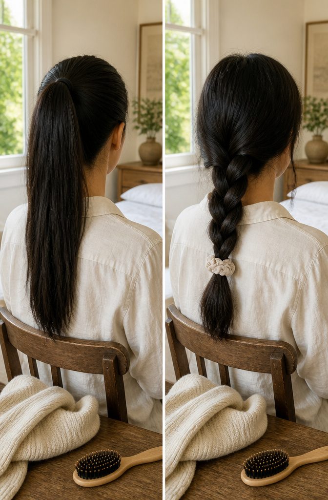 Hair worn in a loose braid with minimal tension at the roots