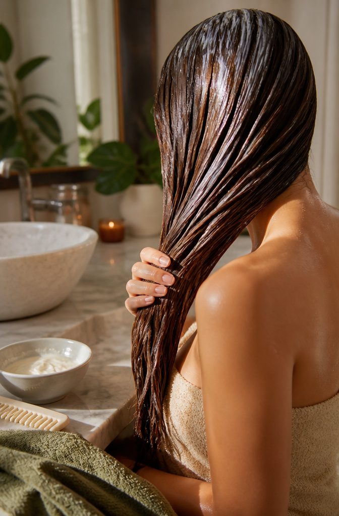Hair being treated with conditioner to support strength and moisture