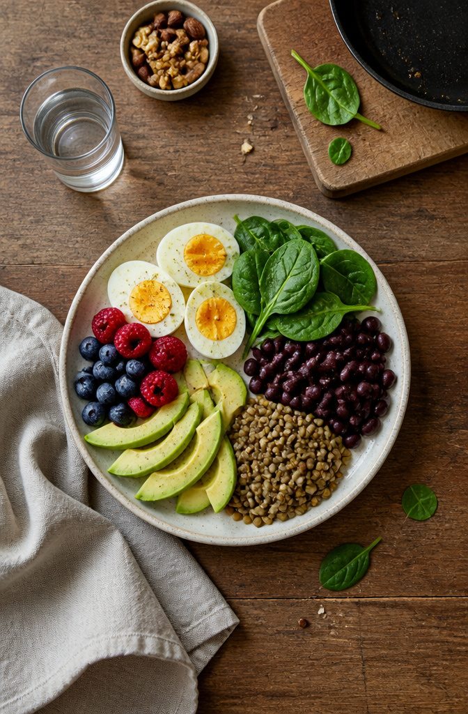 Eggs spinach beans and avocados arranged as foods for a balanced diet