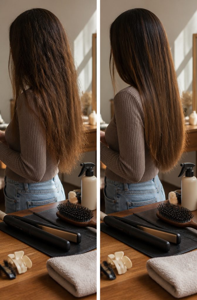 Hair being styled with a hot tool after heat protectant application