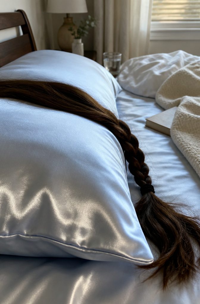 Hair resting on a satin pillowcase with its smooth surface visible
