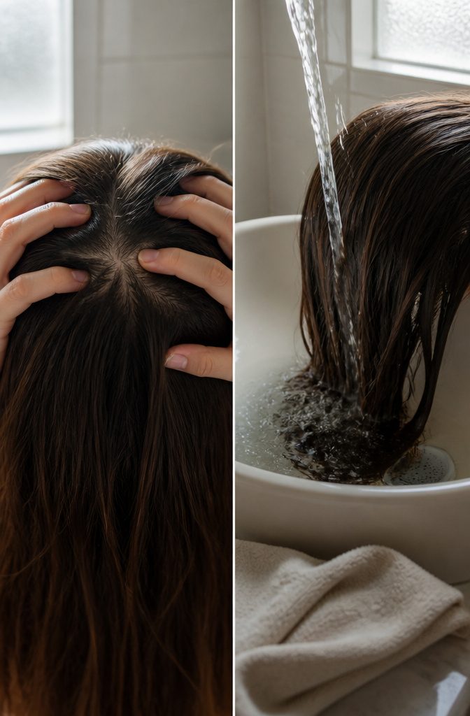 Hands massaging the scalp beneath running shower water