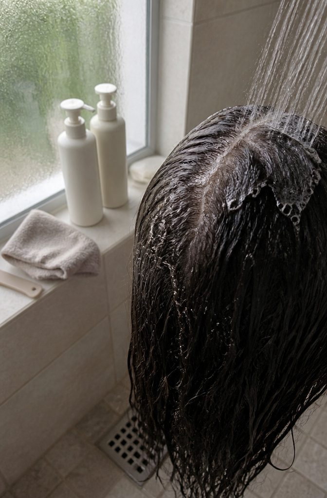 Wet hair at the crown with a small part and soft shampoo bubbles