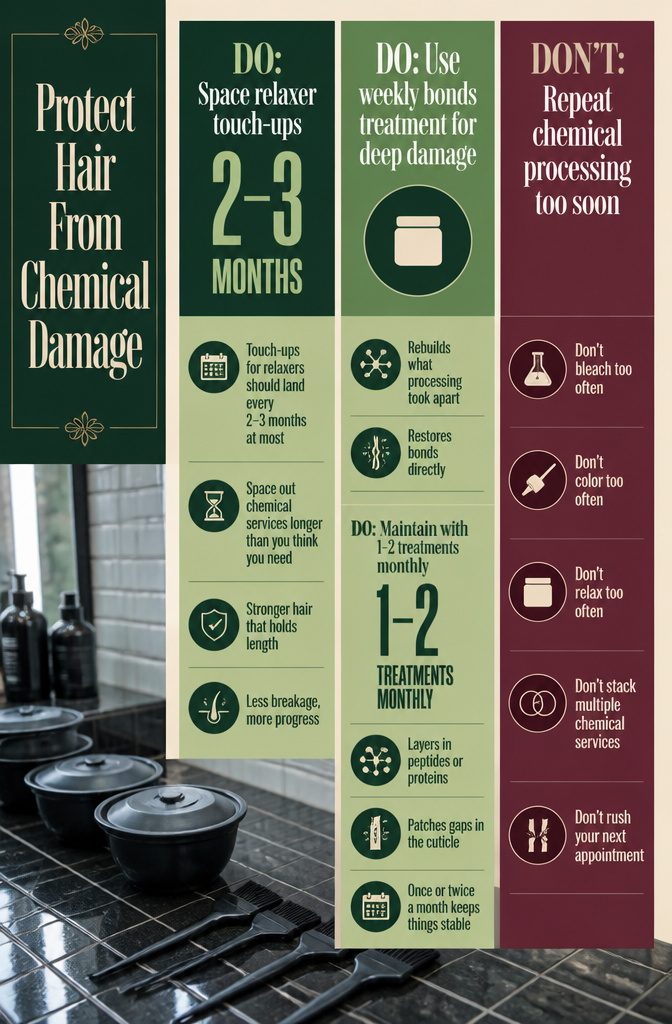 Chemical hair damage infographic with bleach dye and treatment guidance