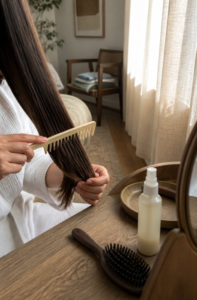 Wide-tooth comb moving through a small section of hair over a shoulder