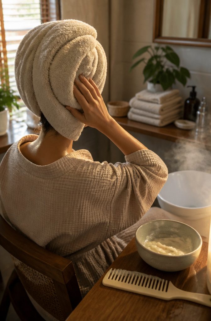 Person holding a warm towel around damp hair during a mask treatment