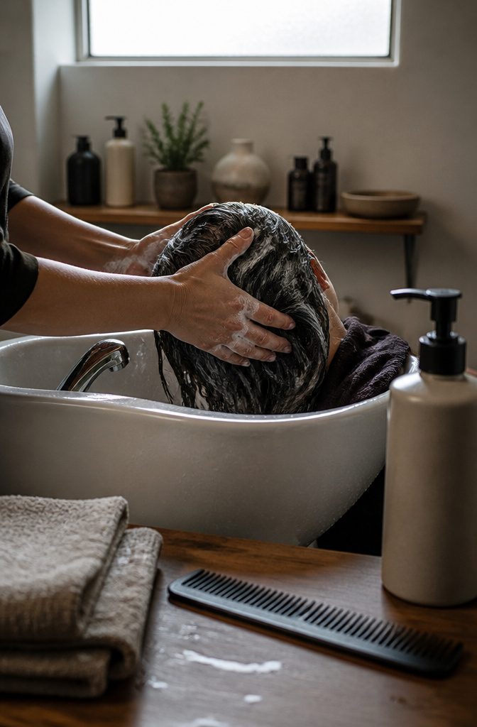 Stylist's hands washing wet hair at a basin beside a plain bottle
