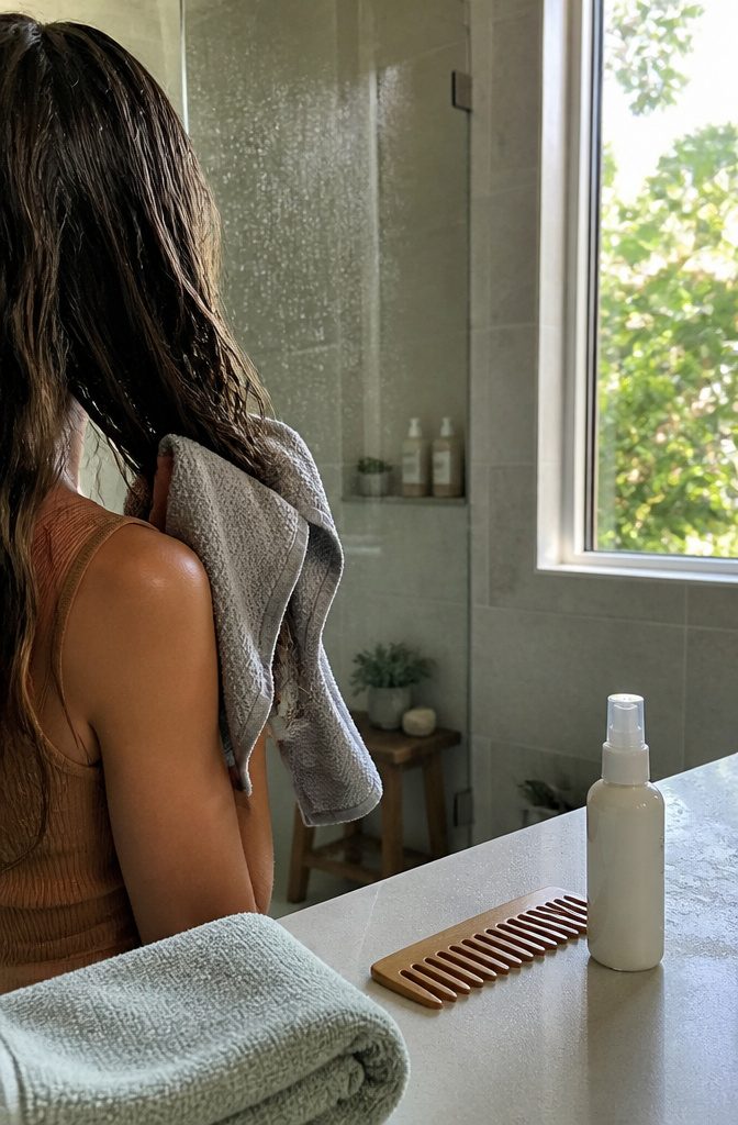 Microfiber towel pressing gently against damp hair beside a wide-tooth comb