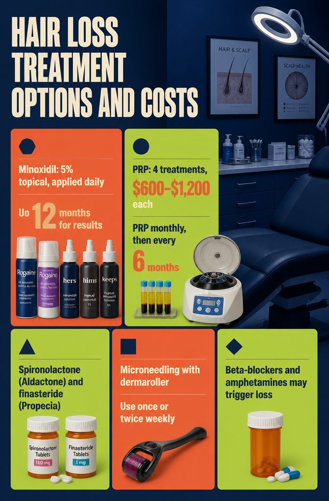 Hair loss treatment infographic listing minoxidil PRP and other options