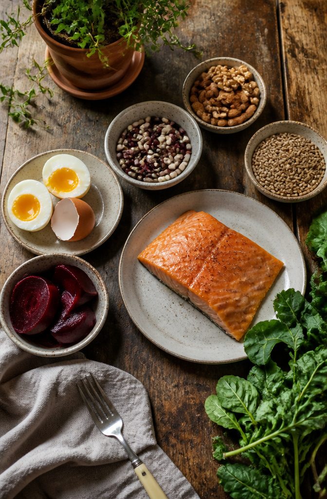 Nutritious foods arranged for an article about growing long hair
