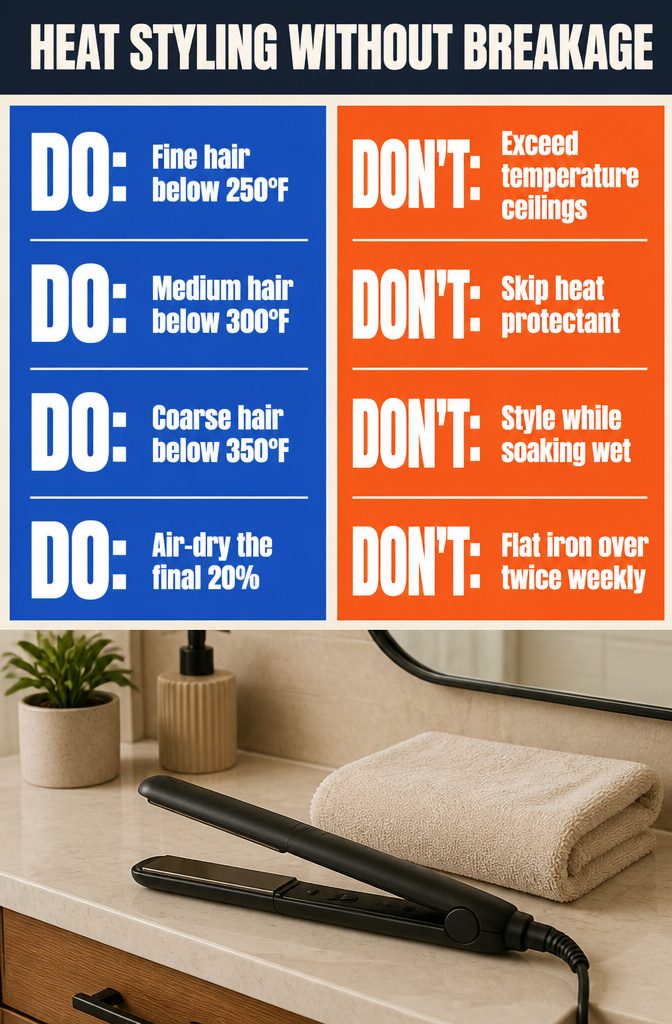 Heat styling infographic with temperature guidance for different hair textures