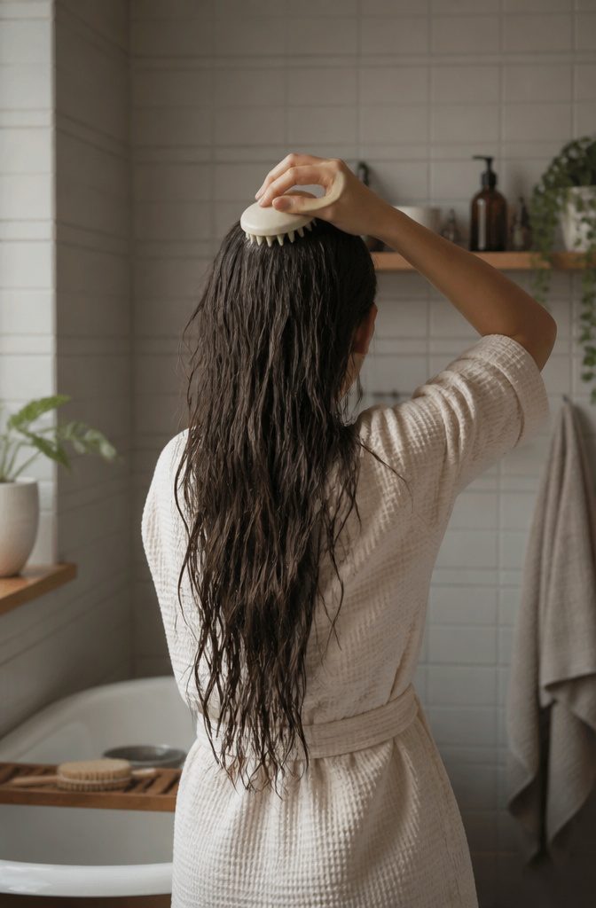 Fingertips massaging scalp scrub through hair at the roots