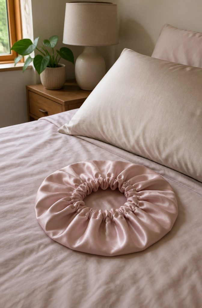 Silk and satin pillowcases with a satin scrunchie on a bed