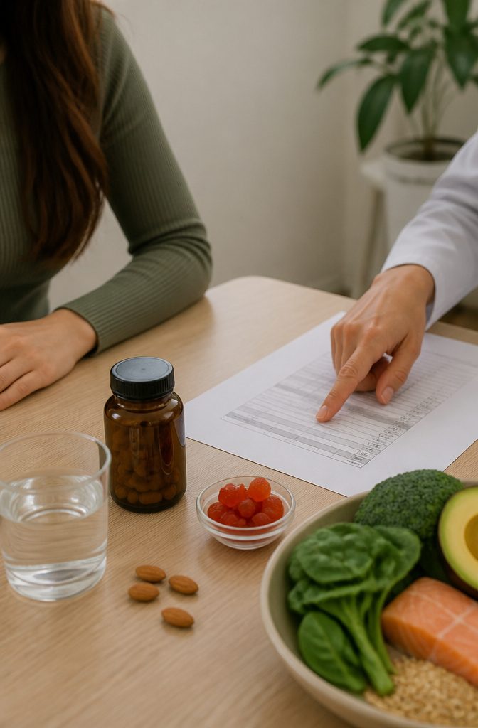 Supplement bottle beside a plate of nutrient-rich foods