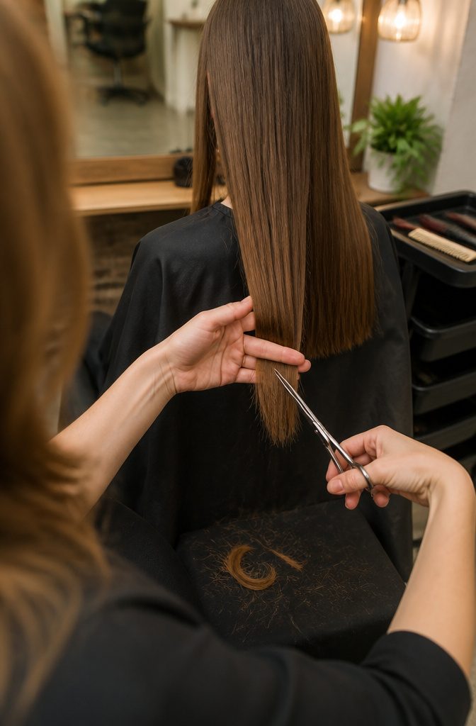Stylist's fingers holding a long hair strand as scissors trim its ends