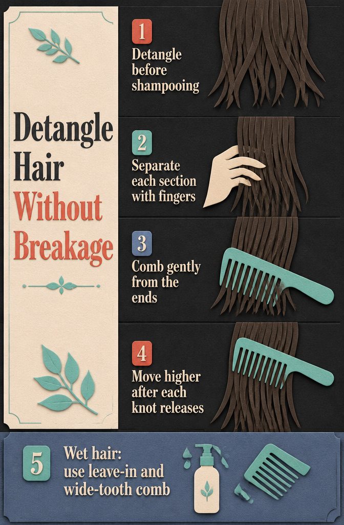 Comb detangling a section of hair from the ends upward