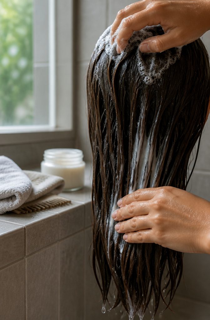 Long wet hair seen from behind as a hand shampoos the roots