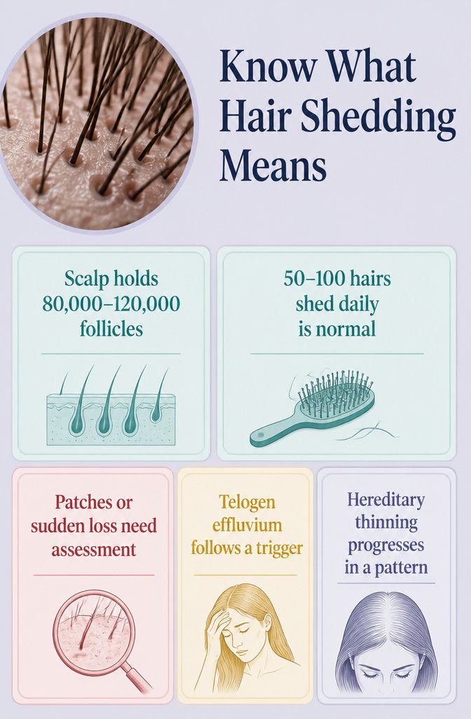 Hair shedding information graphic showing strands and scalp follicles