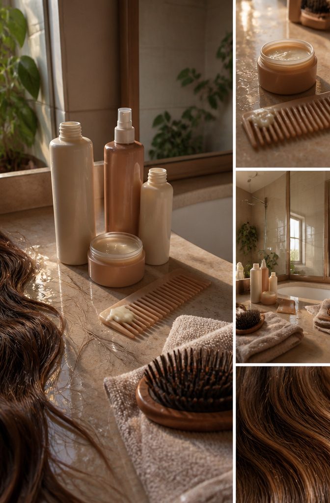 Hair shampoo conditioner comb heat protectant and pomade arranged together
