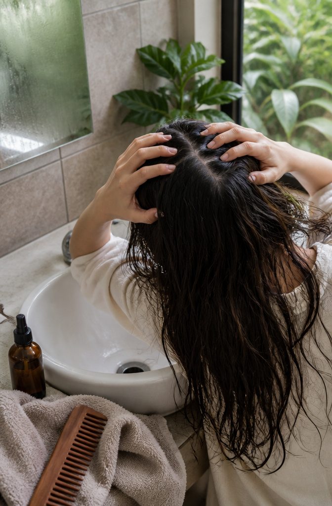 Fingertips massaging a clean scalp part through dense long hair