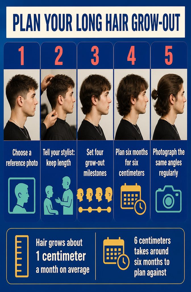 Long hair grow-out chart showing four stages from short sides to a tied length