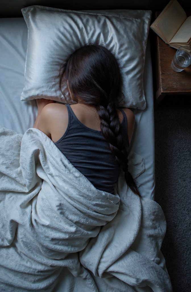 Long hair arranged in a loose style beside a satin pillowcase