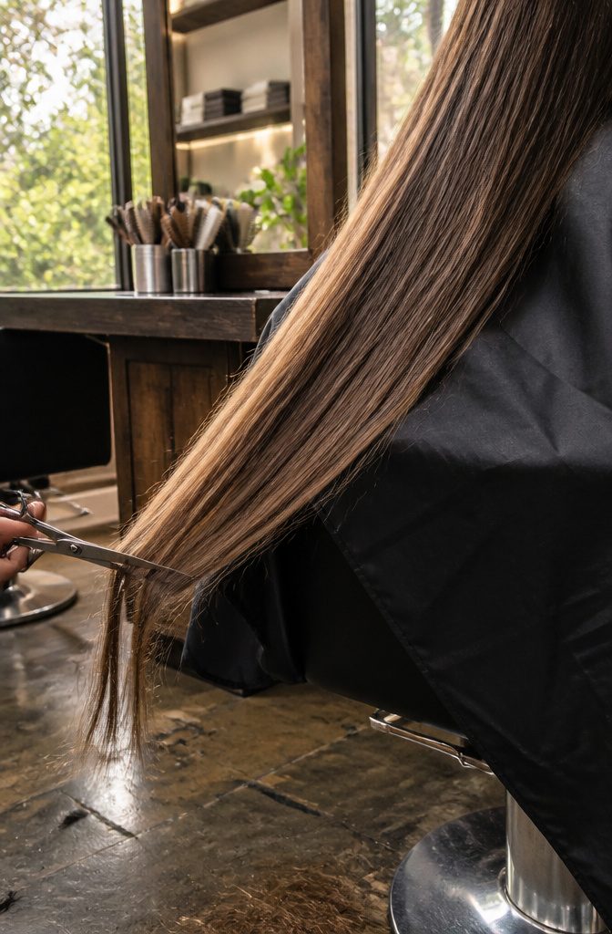 Long hair below the waist with a stylist trimming pale split ends