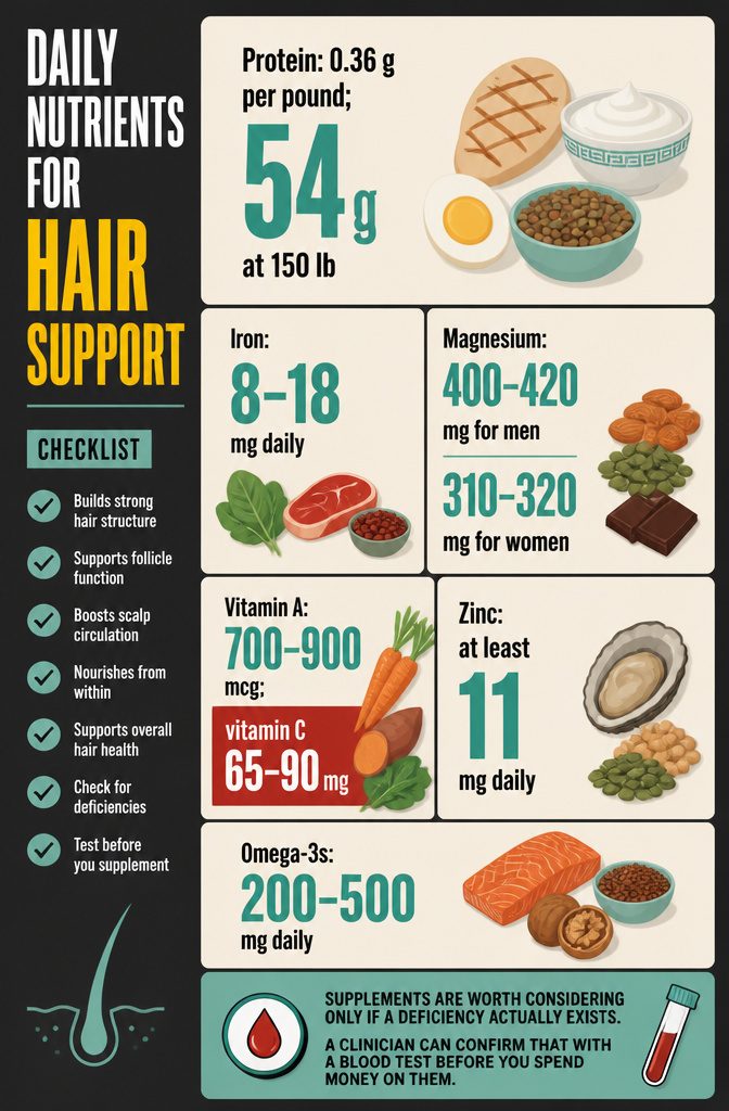 Daily nutrient chart listing protein iron magnesium vitamin A zinc and omega-3s