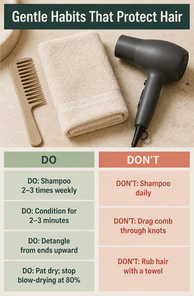 Gentle hair care chart with washing combing towel drying and blow-drying tips