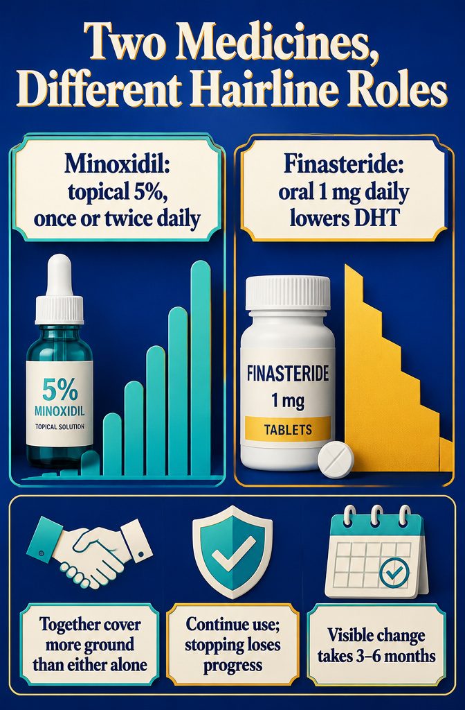 Two medicine options shown side by side for hairline care