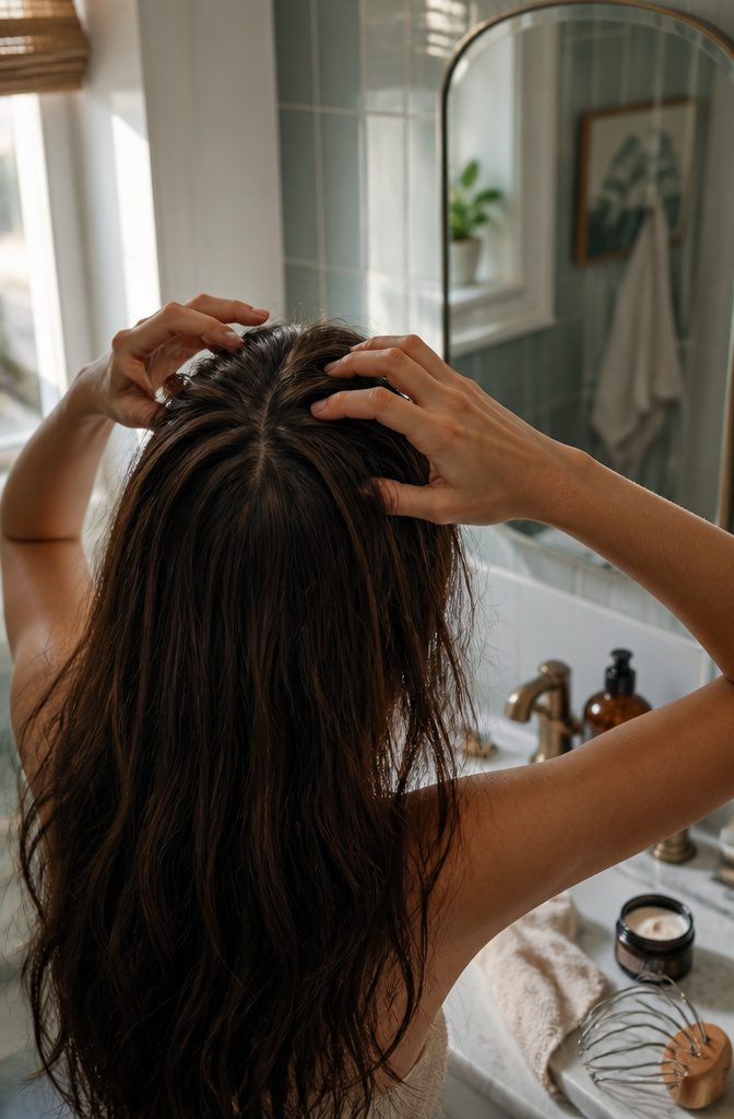 Fingertips making small circles through hair at the crown with a scalp massager nearby
