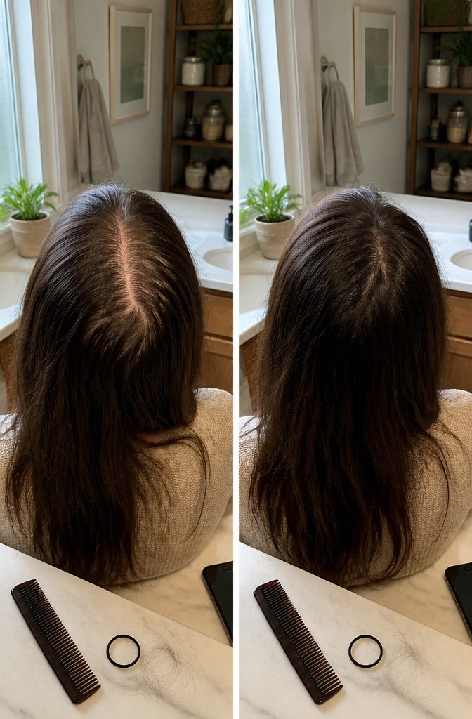 Hair thinning article photograph accompanying signs of progressive thinning