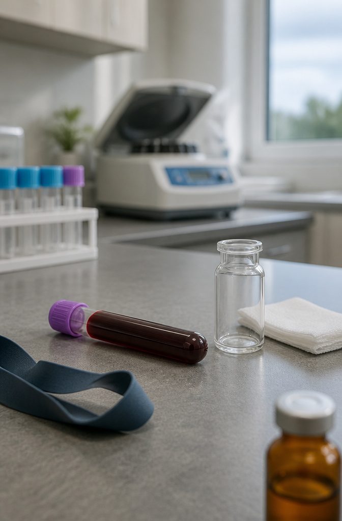 Dark red blood sample tube beside a clear vial and folded cotton pad