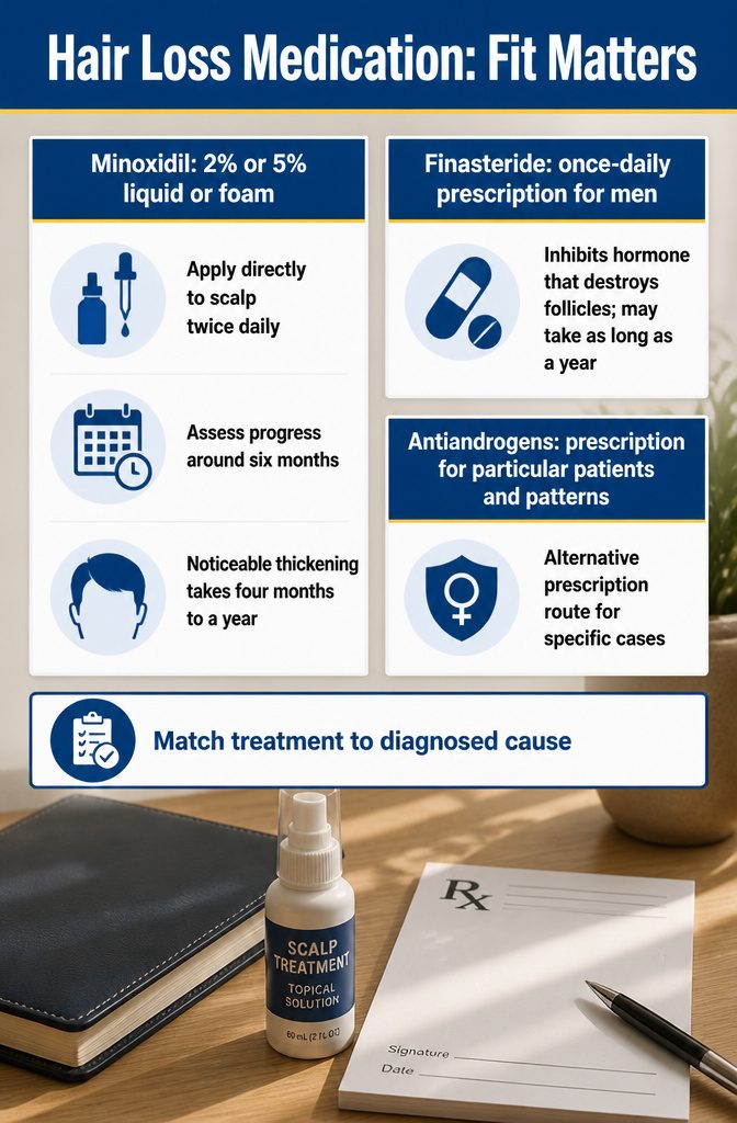Hair loss medication graphic titled Hair Loss Medication: Fit Matters