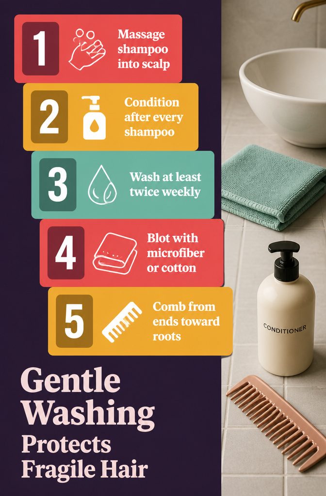 Beauty graphic titled Gentle Washing Protects Fragile Hair