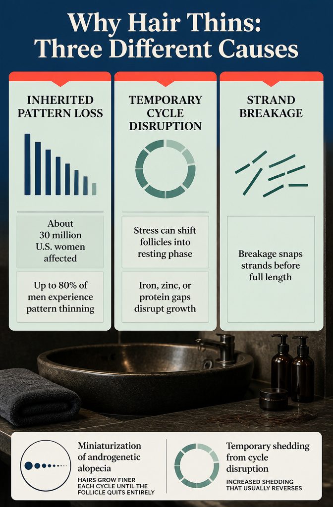 Beauty graphic titled Why Hair Thins: Three Different Causes