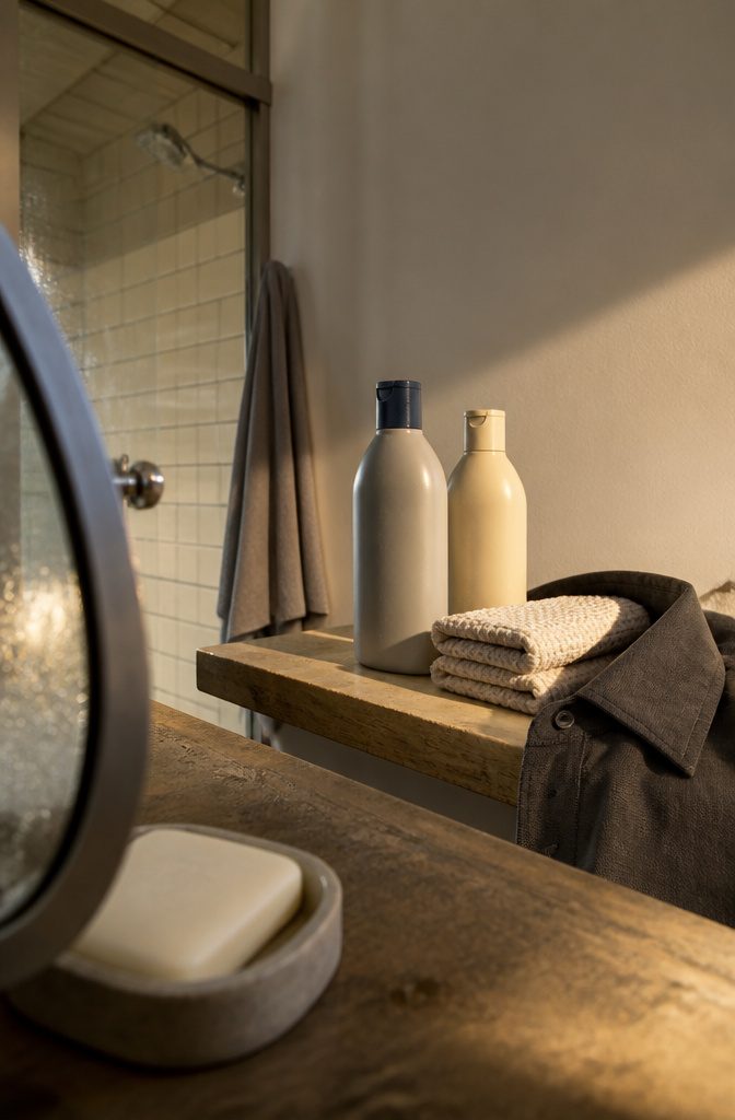 Blank shampoo bottles beside a folded washcloth and dark collar
