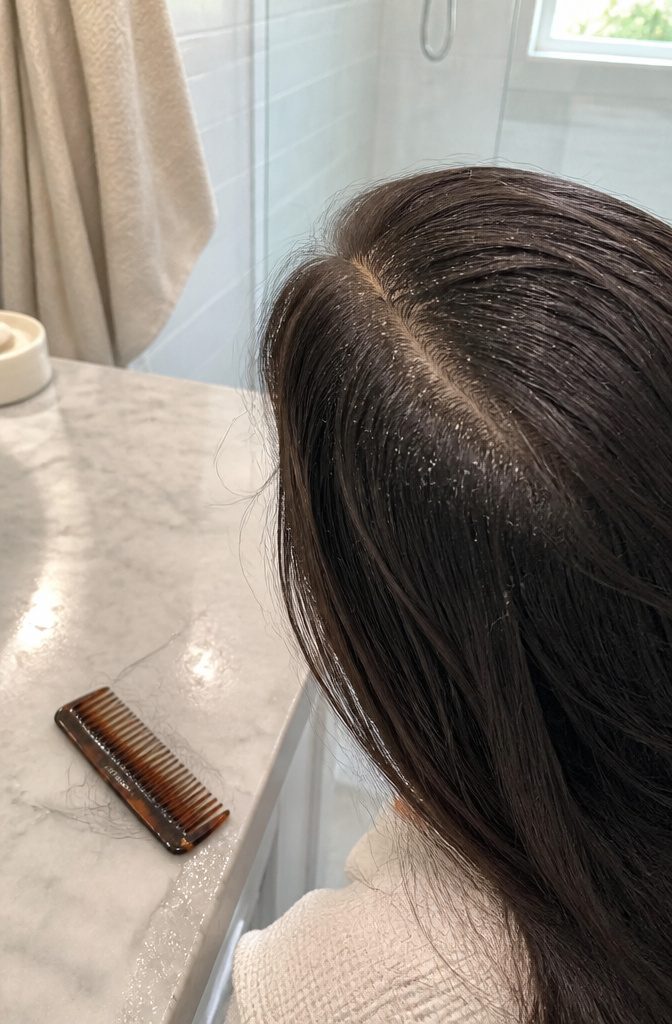 Dense hair parted to show intact roots and fine white flakes