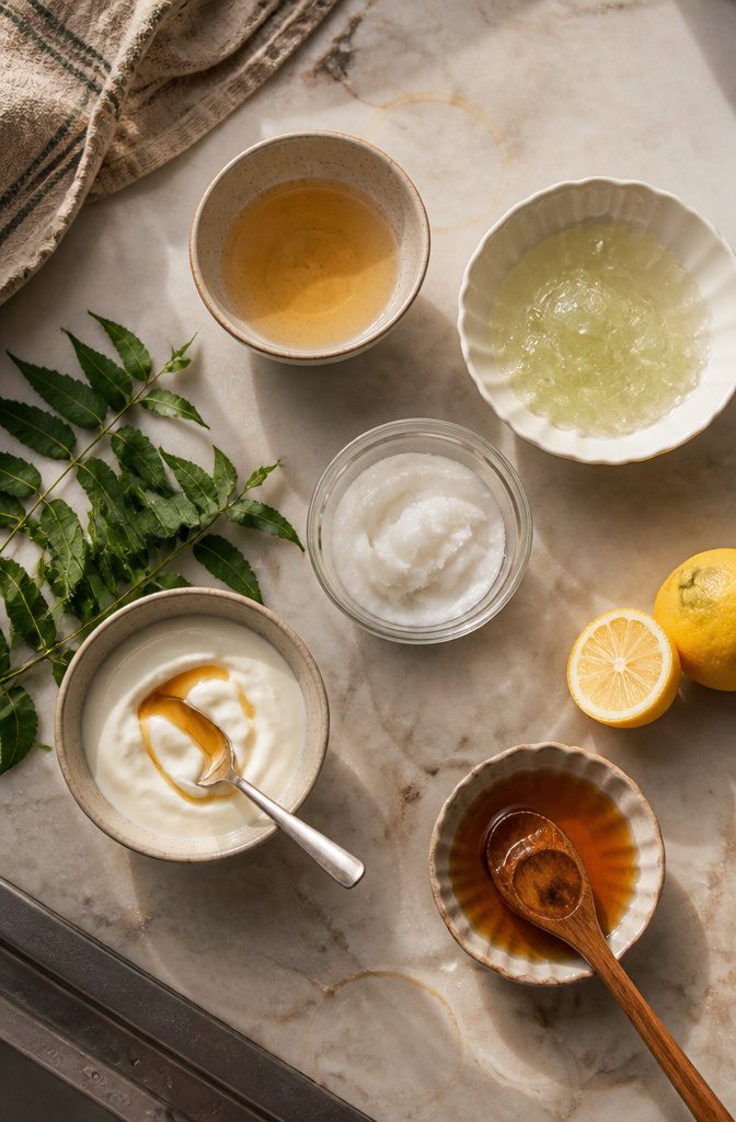 Bowl with honey, coconut oil, and other home remedy ingredients