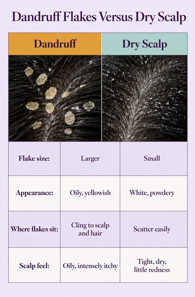 Beauty infographic comparing dandruff flakes with dry scalp flakes
