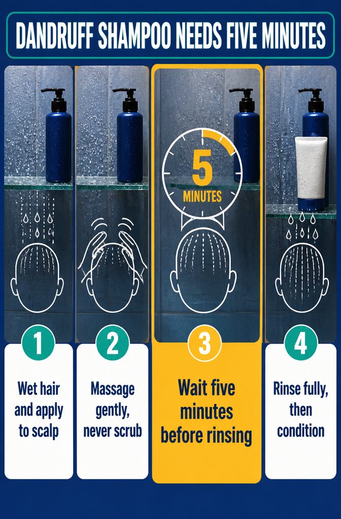 Dandruff shampoo worked into wet hair at the scalp