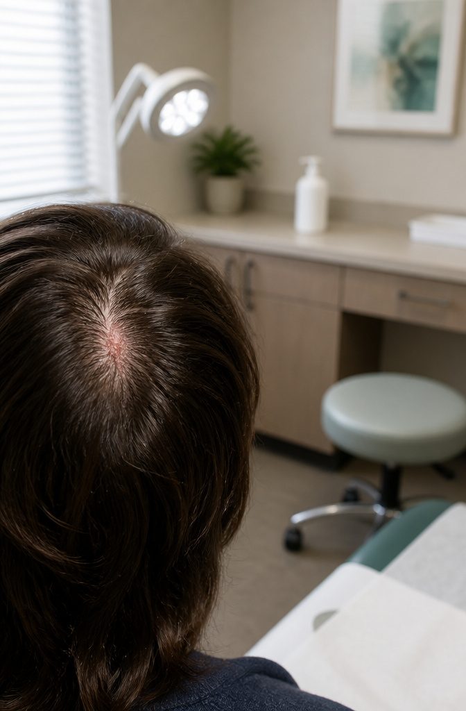 Close view of a red irritated patch along a hair part