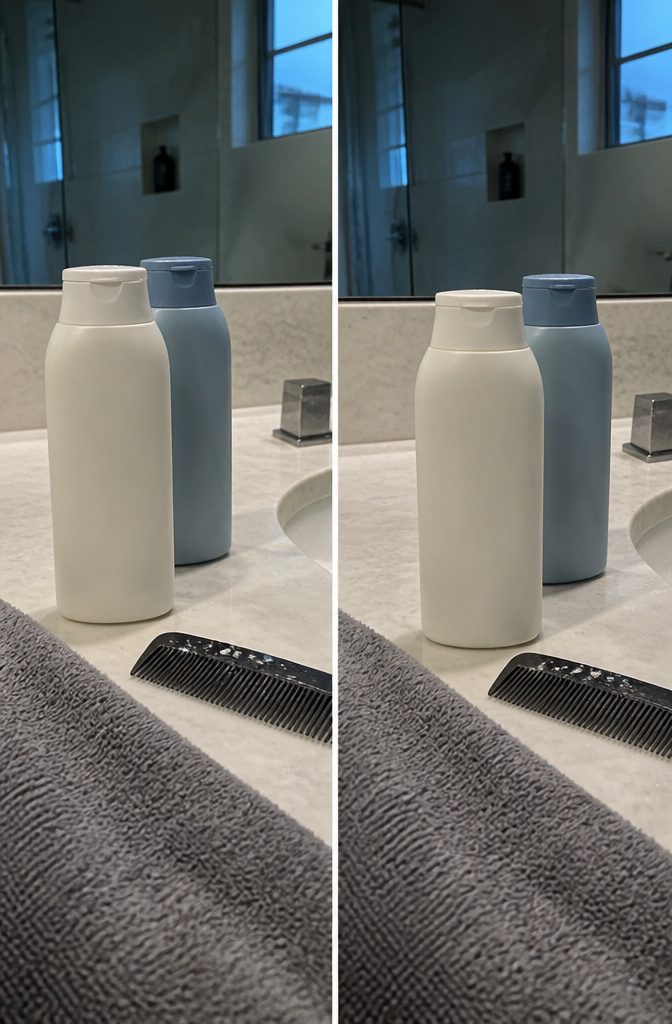 Dandruff shampoo bottle set beside a bathroom sink