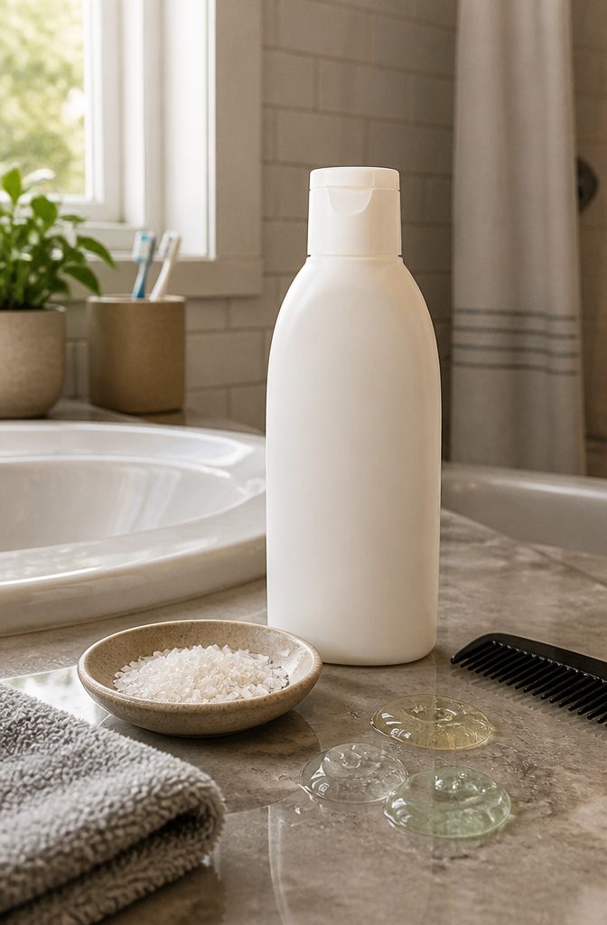 Dandruff shampoo bottle beside a clean washcloth