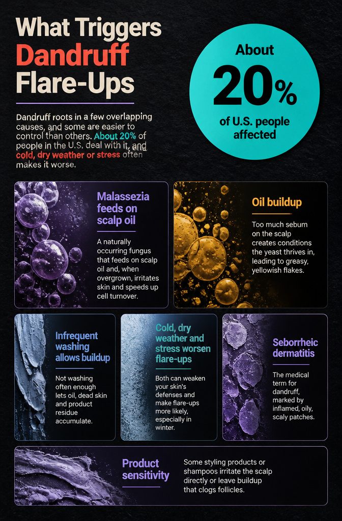 Beauty infographic listing common dandruff flare-up triggers