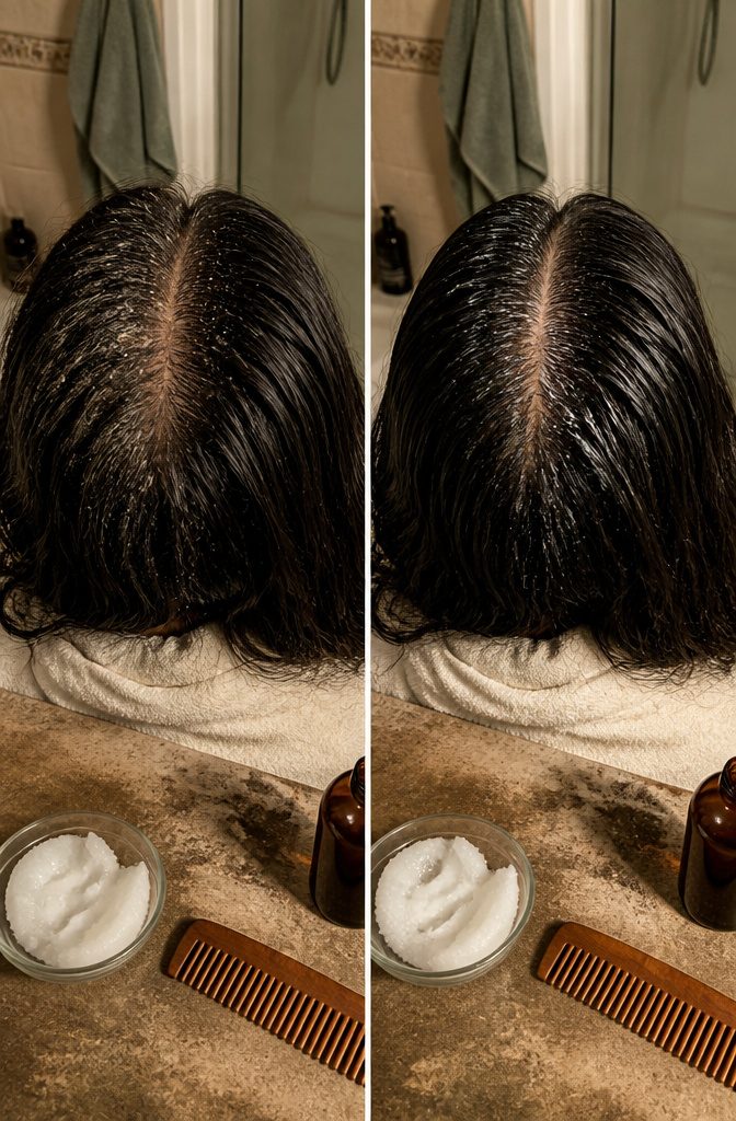 Oiled scalp and hair roots with a shine from added oil
