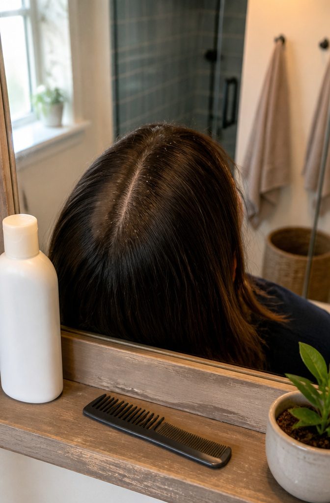Healthy scalp part with fine white flakes near the hair roots
